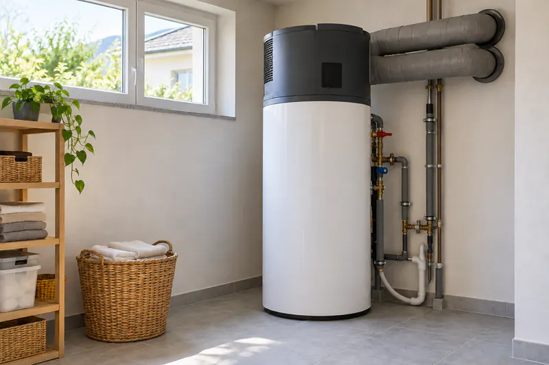 Brauchwasser-Wärmepumpe mit integriertem Speicher im Hauswirtschaftsraum eines Einfamilienhauses